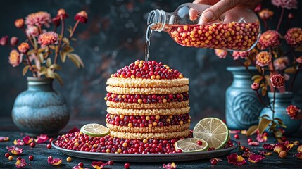 Canvas Print -   A person pours sugar onto a cornbread cake adorned with cranberries