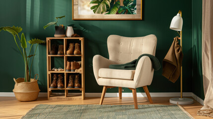 Wall Mural - A cozy living room with a beige armchair, a rustic wooden shoe rack with boots, and a deep green wall