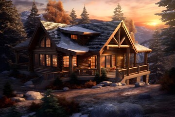 Wall Mural - 3D render of a log cabin in the mountains at sunset.