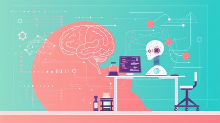 Poster - AI research initiatives, modern lab, flat design illustration