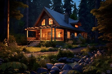 Canvas Print - Luxury log cabin in the forest. 3D rendering.