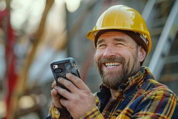 Construction worker in hardhat smiling while using smartphone on construction site