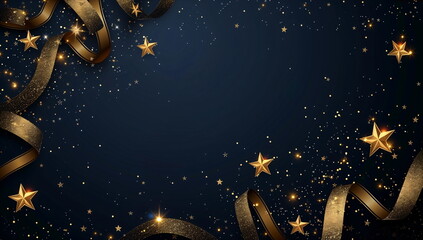 Wall Mural - gold stars and ribbons on a dark background, christmas decorations, xmas holiday festival backdrop