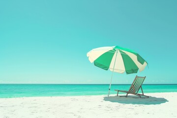 Wall Mural - A picturesque tropical beach scene with a green-striped deck chair and matching umbrella, set up near the turquoise water, providing an inviting spot for relaxation.