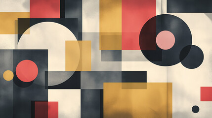 Poster - Abstract geometric background with overlapping shapes and circles in red, yellow, black, and gray