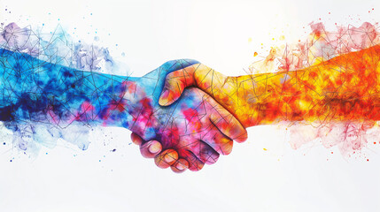 Poster - Two business people shaking hands making a deal with colorful geometric shapes