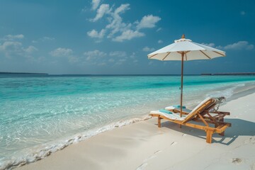 Poster - A tranquil beach scene featuring a duo of wooden lounge chairs under a white umbrella, placed right by the shore with turquoise waves lapping at the sandy terrain.
