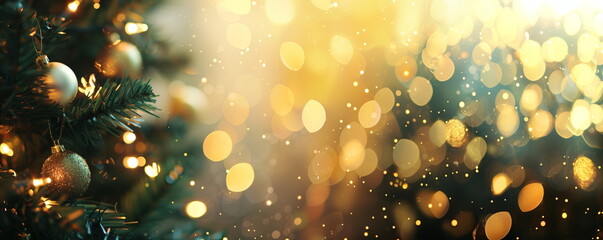 Wall Mural - Christmas tree with baubles and string lights with a golden bokeh background, contemporary style festive backdrop for card, banner, flyer with copy space