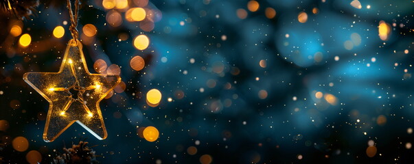 Wall Mural - star-shaped ornament with string lights and a bokeh background, banner or card with copy space