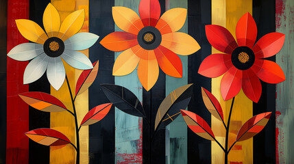 Poster - Three flowers growing on colorful stripes background