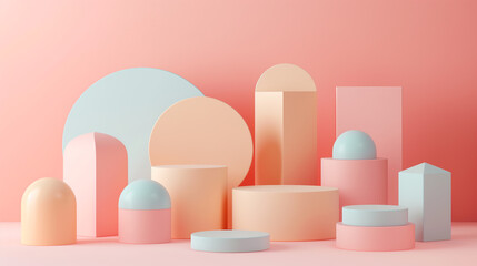 Poster - Minimal pastel pink composition with podiums and geometric shapes for product presentation