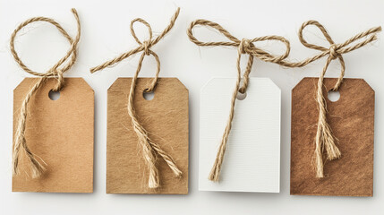 Poster - Four brown and white gift tags hanging on white background