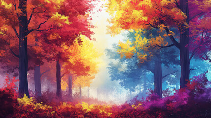 Aufkleber - Beautiful autumn forest with colorful trees creating a tunnel of light