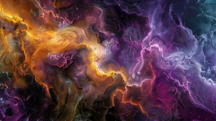 Poster - This beautiful image features radiant cosmic waves of light flowing through a deep space nebula, showcasing a mesmerizing blend of yellow and purple colors intertwined.