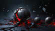 © Aliaksej - Abstract depiction of a cracked sphere with a luminous red core, surrounded by dark fractured rocks on a grey background. Contrast of light and darkness