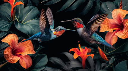 Wall Mural - Two hummingbirds flying around tropical flowers and leaves