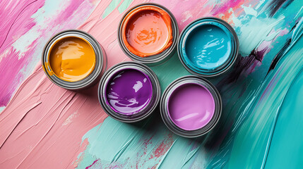Poster - Open cans of colorful paint sitting on a multicolored painted surface