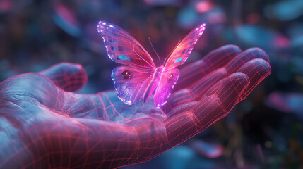 Leinwandbilder - Polygonal 3d hand holding a beautiful glowing pink butterfly