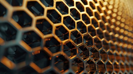 Poster - The image features a close-up view of golden hexagonal patterns, creating a visually striking and aesthetically pleasing design, showcasing the beauty and elegance of geometric shapes.