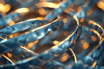 Leinwandbilder - This image showcases a detailed view of a twisted, metallic helix structure with warm light illuminating parts of it, creating a dynamic blend of light and shadows.
