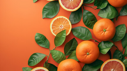 Poster - Fresh oranges and green leaves forming a pattern on orange background