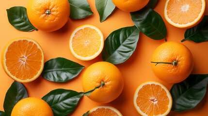 Aufkleber - Fresh ripe oranges with leaves lying on orange backdrop