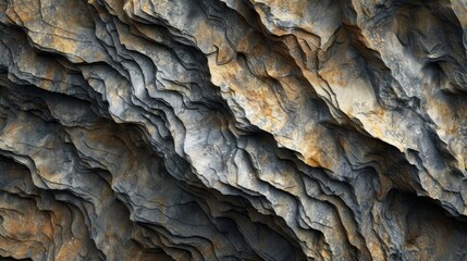 Poster - Image reflecting a dark and textured layered rock formation, accented with hints of orange color, emphasizing rugged natural patterns and geological beauty.