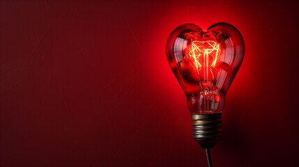Poster - Red heart shaped lightbulb glowing on red background