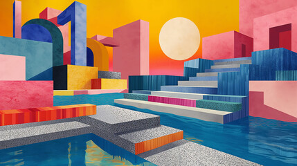Poster - Modern abstract architecture reflecting in water at sunset