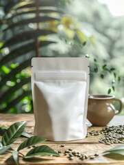 Wall Mural - White packaging bag mockup on wooden table, top view with header seal