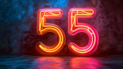 Poster - Number fifty five made of glowing neon tubes on dark wall