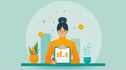Poster - Assessment, person evaluating results on a clipboard, flat design illustration