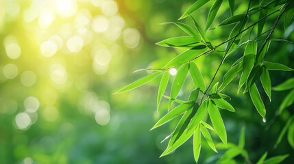 Aufkleber - Sunlight shining through green bamboo leaves on blurred background