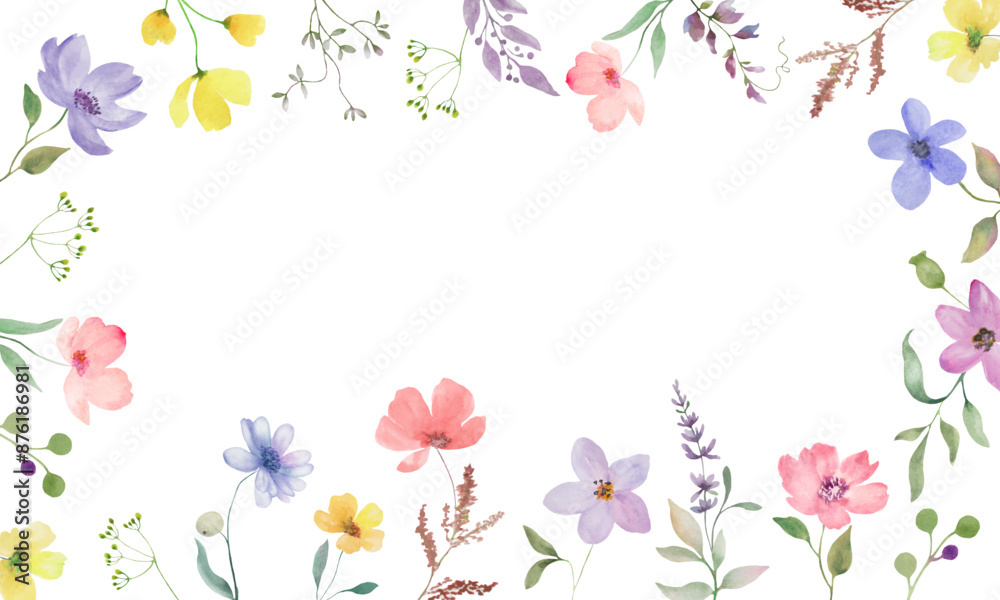 Watercolor floral frame with cute flowers. Hand drawn illustration ...