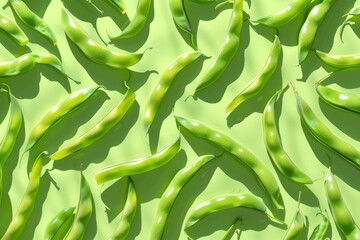 Poster - A spread of fresh green beans arranged in a stylish pattern against a light green background, showcasing the vibrant color and texture of the beans.
