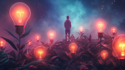 Aufkleber - Young man standing on a hill looking at glowing light bulbs growing from the ground at night