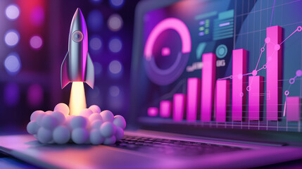 Fototapete - Silver rocket is taking off in front of a laptop screen displaying positive statistics