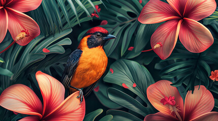 Wall Mural - Colorful exotic bird posing on branch surrounded by tropical flowers