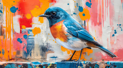 Aufkleber - Small colorful bird is standing on painted surface