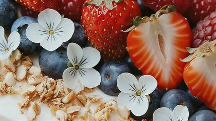 Poster -   A close-up of strawberries, blueberries, strawberries, and strawberries on top of a plate