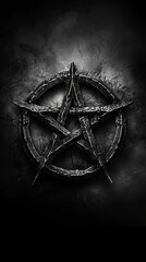 Poster - pentagram pentacle made of wood and fire, five-legged symbol of Satanism and sect. Concept: magical rituals, occultism