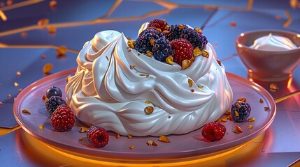 Poster -   A close-up of a cake on a plate, next to a bowl of yogurt and raspberries on a table