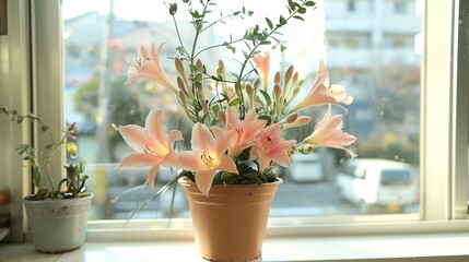 Sticker -   A potted plant sits on a windowsill, adjacent to a cityscape view