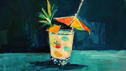 Sticker -  A painting depicts a drink with a straw, an umbrella, and a blue-black background