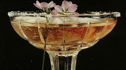 Wall Mural -   Close-up of a drink in a glass with a flower on top and water droplets beneath