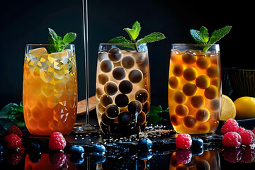 Wall Mural - assortment of fresh boba on black background