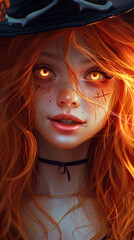 Wall Mural - Close-up portrait of a young woman with fiery eyes and glowing red hair, dressed as a witch for Halloween