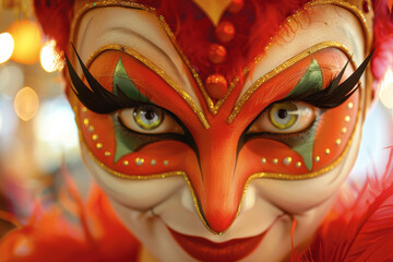 Wall Mural - Close-up of a person wearing a vibrant and elaborate carnival mask, with a mischievous smile and colorful feathers