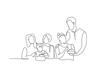 Wall Mural - big family eating together mother father children people happy moments one line art design vector