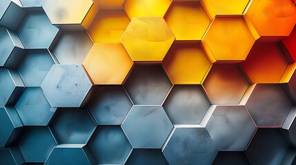 A geometric abstract background with gradient hexagonal honeycombs, transitioning from yellow to orange to red.